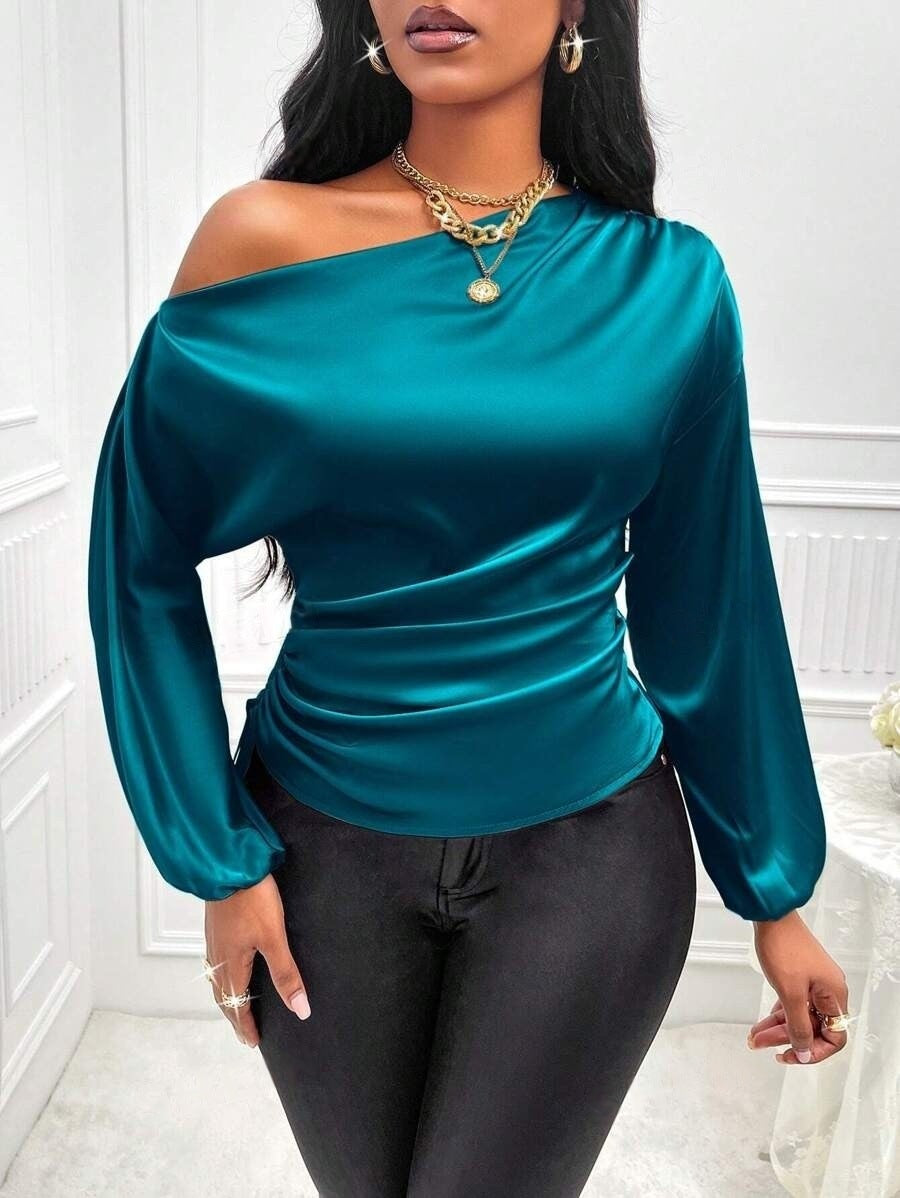 Amazon Cross-Border European and American New Women's Satin Shirt Spring and Summer Asymmetrical Long-Sleeved Slope Collar Shirt Top