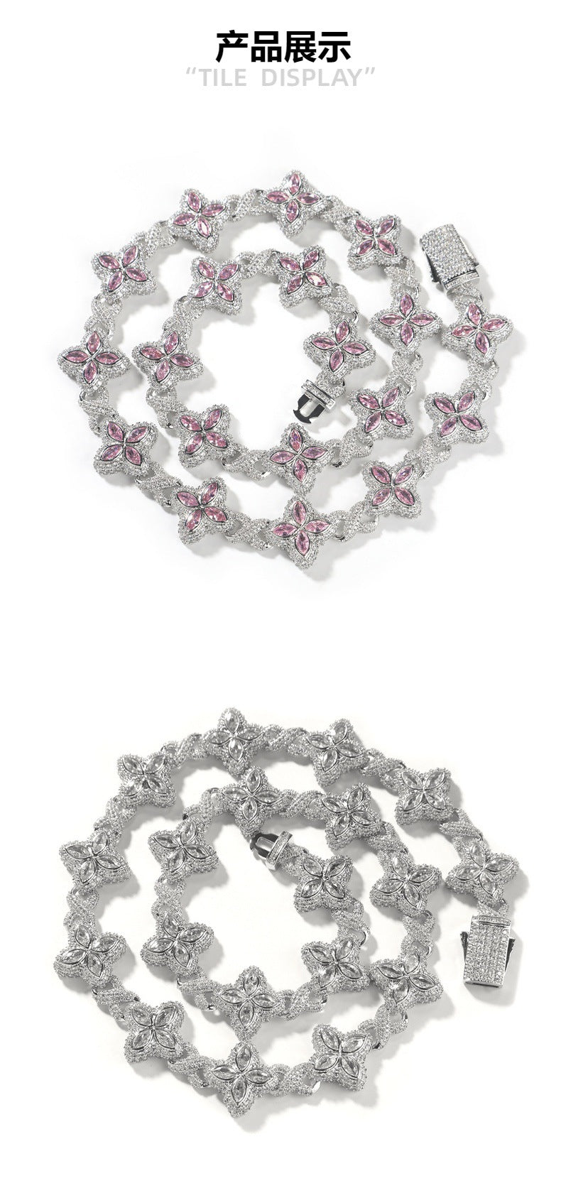 Hip-Hop Rap Chain Infinite Four-Leaf Clover Bracelet Fashionable Trendy Cool Handsome High-End 5A Zircon Colorful Necklace Jewelry