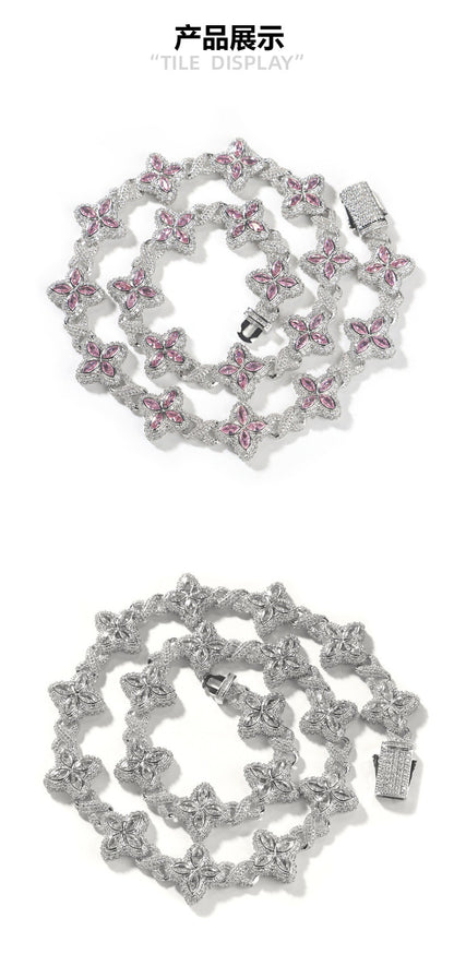 Hip-Hop Rap Chain Infinite Four-Leaf Clover Bracelet Fashionable Trendy Cool Handsome High-End 5A Zircon Colorful Necklace Jewelry