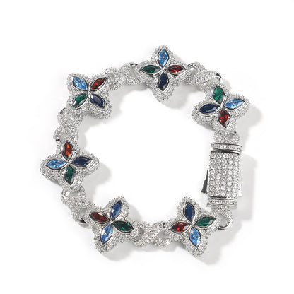 Hip-Hop Rap Chain Infinite Four-Leaf Clover Bracelet Fashionable Trendy Cool Handsome High-End 5A Zircon Colorful Necklace Jewelry
