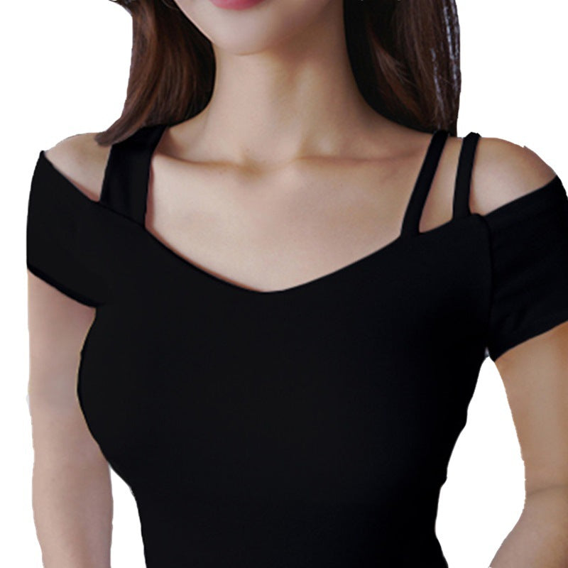 Black Off-Shoulder Short-Sleeve T-Shirt for Women, 2026 Summer New Design, Pure Desire V-Neck Slim-Fit Niche Top