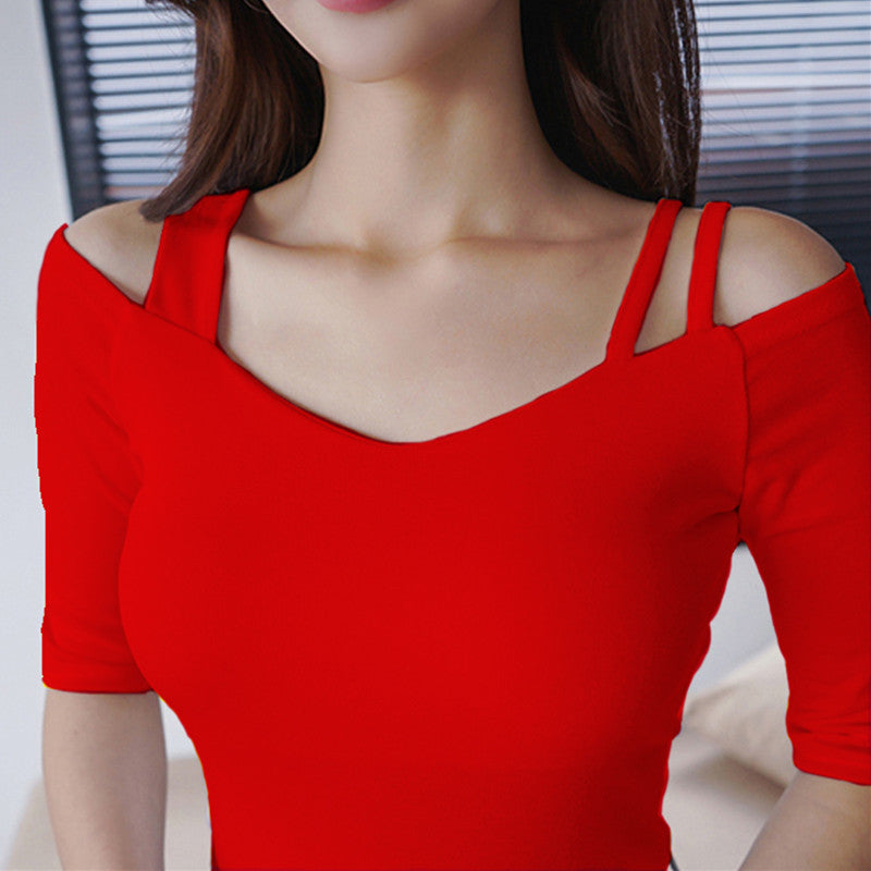 Black Off-Shoulder Short-Sleeve T-Shirt for Women, 2026 Summer New Design, Pure Desire V-Neck Slim-Fit Niche Top
