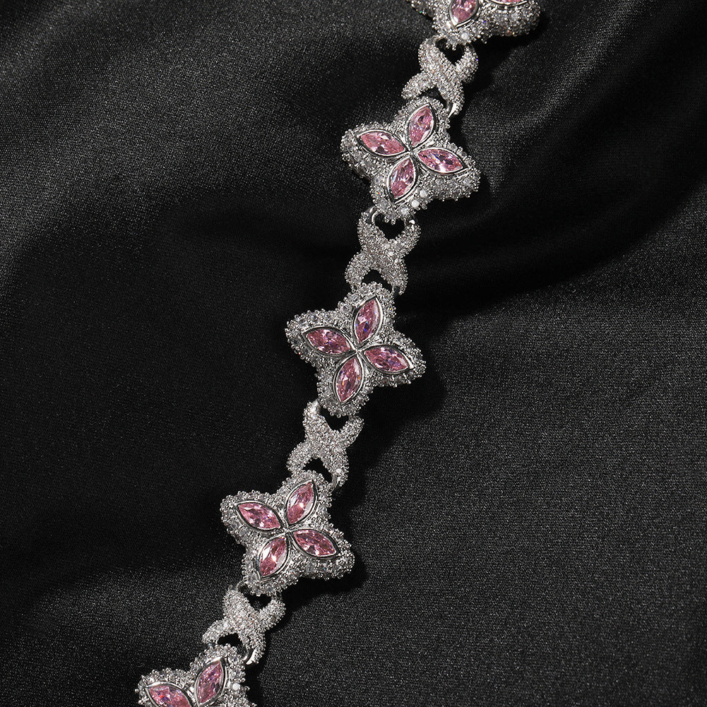 Hip-Hop Rap Chain Infinite Four-Leaf Clover Bracelet Fashionable Trendy Cool Handsome High-End 5A Zircon Colorful Necklace Jewelry