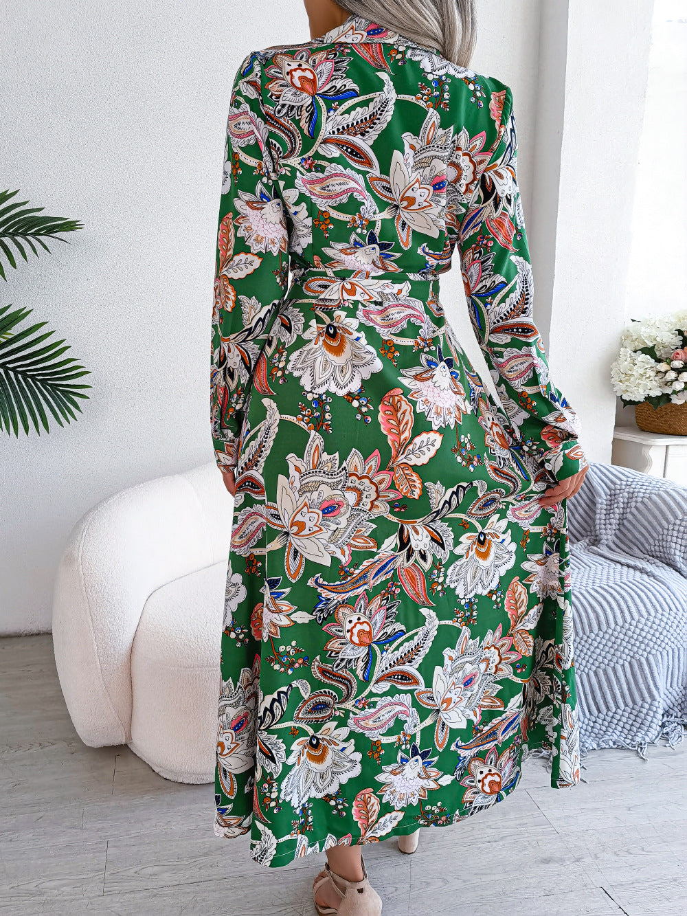2026 Spring/Summer European and American Retro Floral Lapel Tie Shirt Dress Long Dress Amazon Cross-Border Women's Clothing