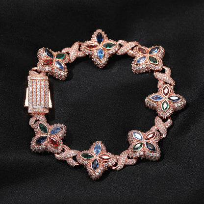 Hip-Hop Rap Chain Infinite Four-Leaf Clover Bracelet Fashionable Trendy Cool Handsome High-End 5A Zircon Colorful Necklace Jewelry