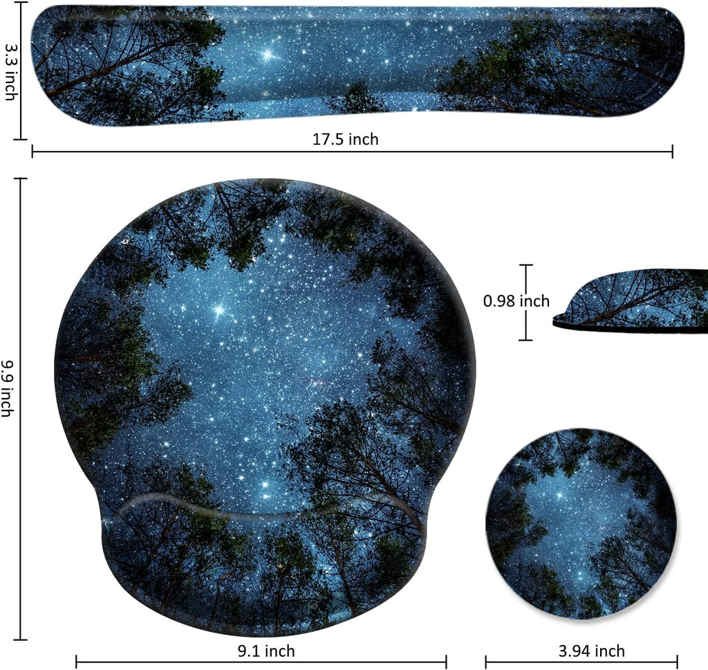3 in 1 Ergonomic Mouse Pad with Wrist Support and Keyboard Wrist Rest Pad Set with Coaster,  Wrist Pad with Non-Slip Rubber Base and Raised Memory Foam, Easy Typing & Pain Relief, Forest Starry