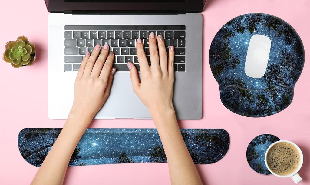 3 in 1 Ergonomic Mouse Pad with Wrist Support and Keyboard Wrist Rest Pad Set with Coaster,  Wrist Pad with Non-Slip Rubber Base and Raised Memory Foam, Easy Typing & Pain Relief, Forest Starry