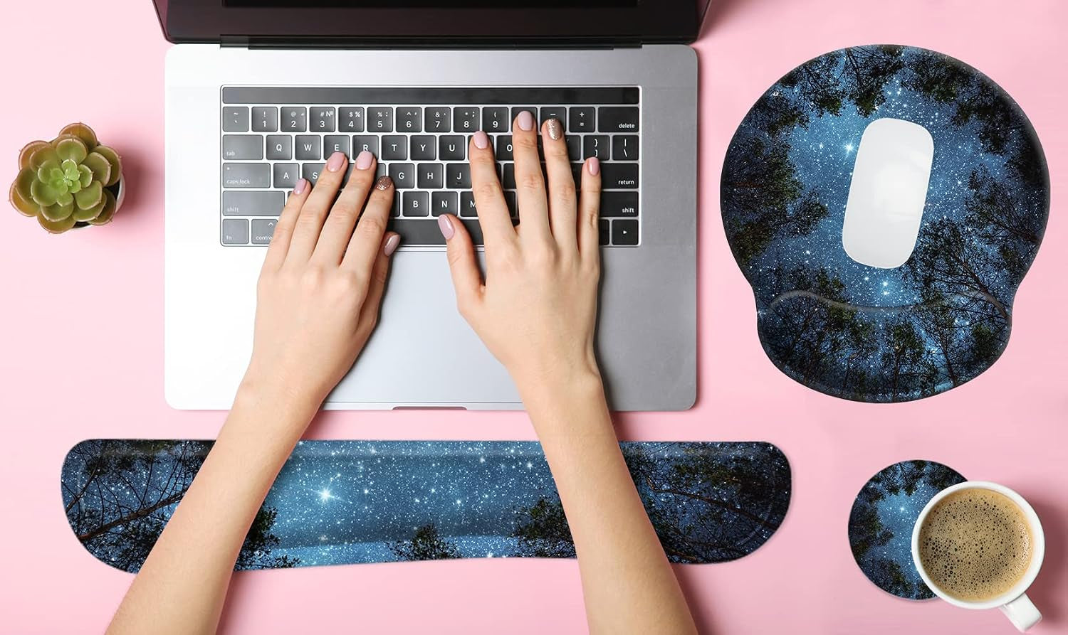 3 in 1 Ergonomic Mouse Pad with Wrist Support and Keyboard Wrist Rest Pad Set with Coaster,  Wrist Pad with Non-Slip Rubber Base and Raised Memory Foam, Easy Typing & Pain Relief, Forest Starry