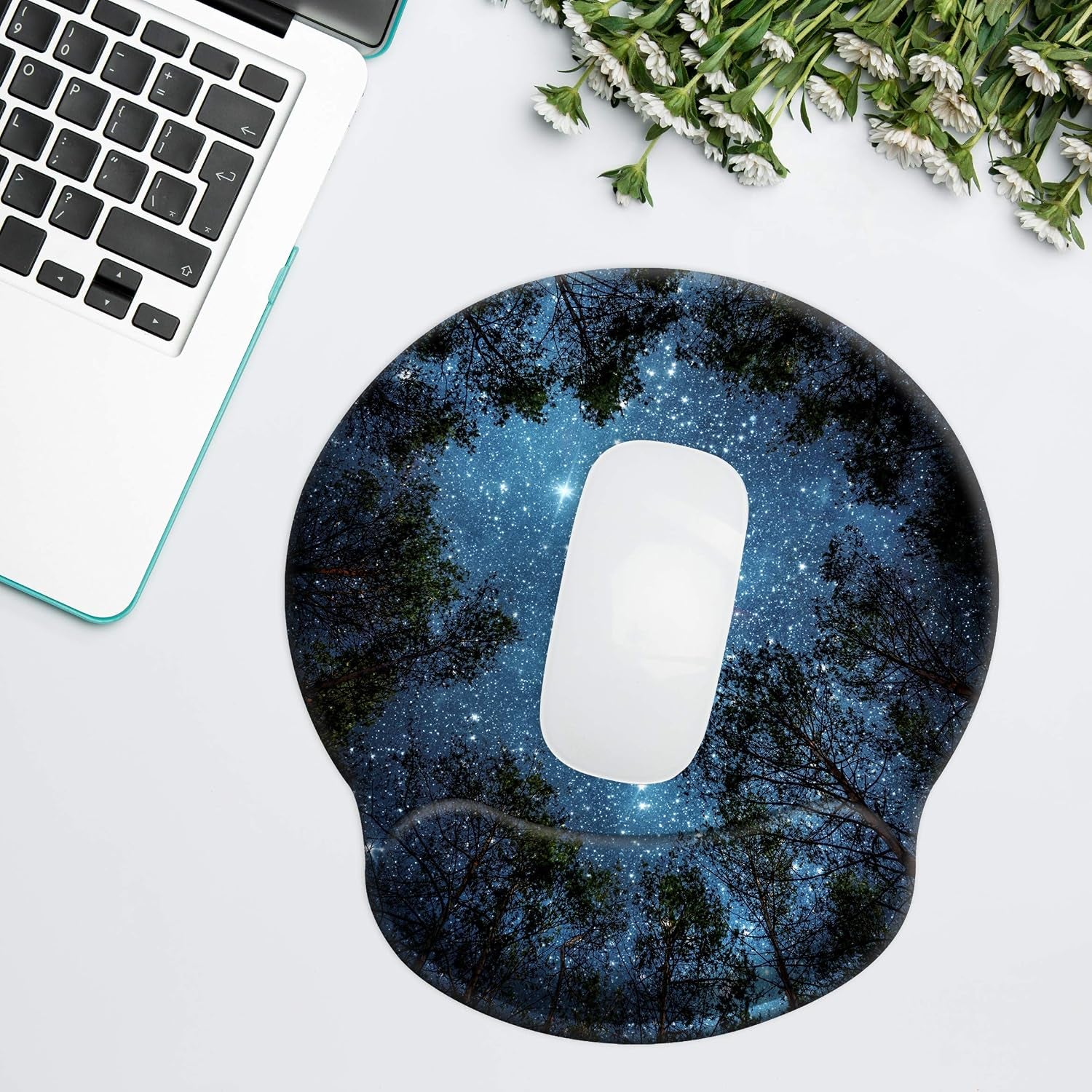 3 in 1 Ergonomic Mouse Pad with Wrist Support and Keyboard Wrist Rest Pad Set with Coaster,  Wrist Pad with Non-Slip Rubber Base and Raised Memory Foam, Easy Typing & Pain Relief, Forest Starry