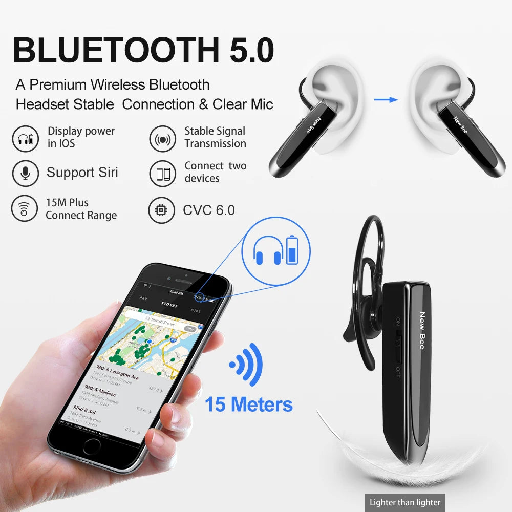 Bluetooth Headset Wireless Earphones Headphones with Mic 24Hrs Earbuds Single Earpiece Mini Handsfree for Driver Office