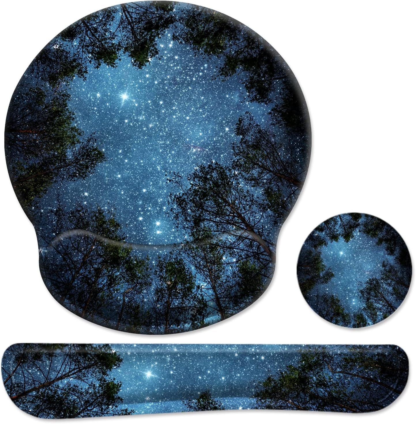 3 in 1 Ergonomic Mouse Pad with Wrist Support and Keyboard Wrist Rest Pad Set with Coaster,  Wrist Pad with Non-Slip Rubber Base and Raised Memory Foam, Easy Typing & Pain Relief, Forest Starry