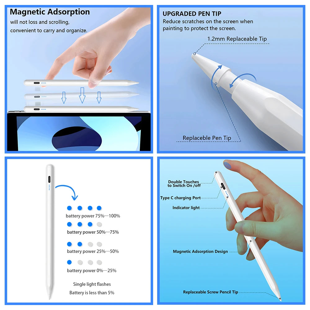 Stylus Pen  Ipad Palm Rejection Power Display for Ipad Pencil Accessories 2022 2021 2020 2019 2018 Pro Air Mini Stylus